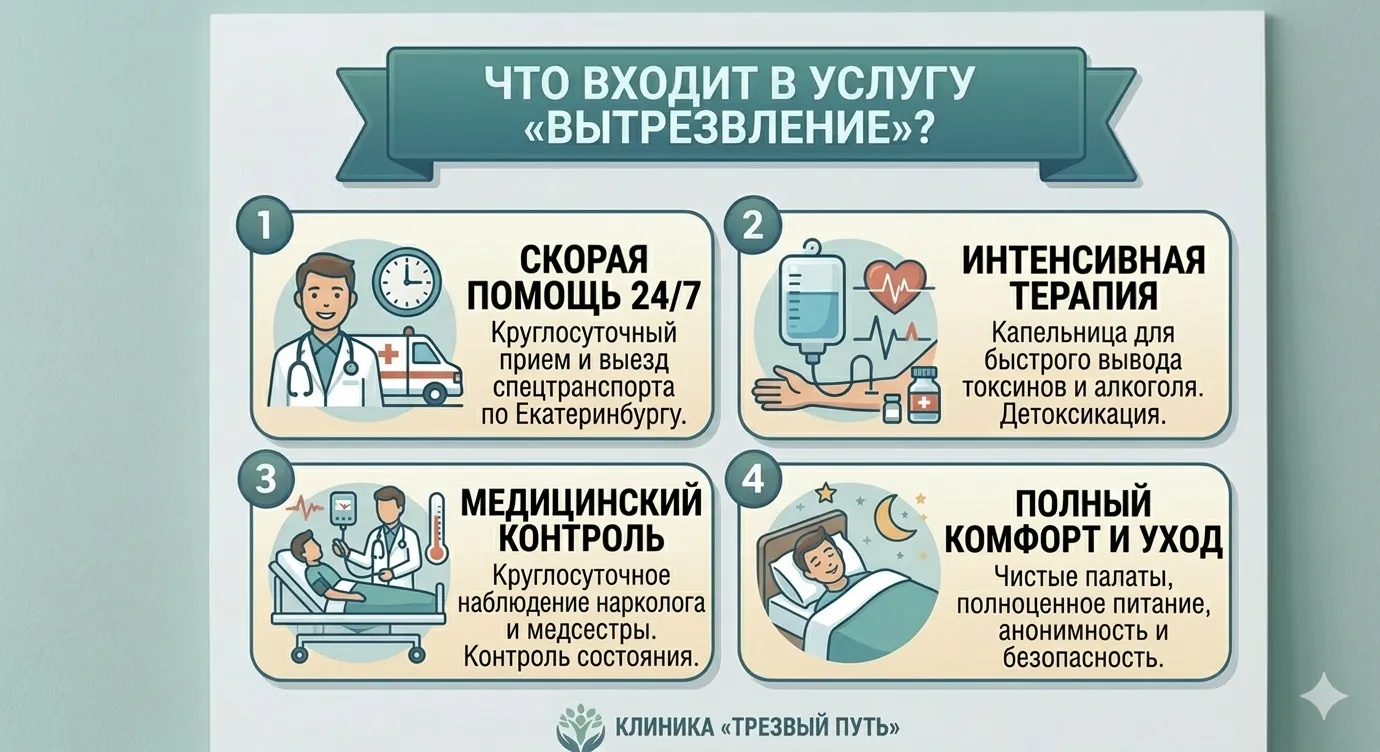 Инфографика «ЧТО ВХОДИТ В УСЛУГУ „ВЫТРЕЗВЛЕНИЕ“?». Описаны 4 этапа: 1. Скорая помощь 24/7 (круглосуточный выезд по городу); 2. Интенсивная терапия (капельница для детоксикации); 3. Медицинский контроль (наблюдение нарколога и медсестры); 4. Полный комфорт и уход (чистые палаты и питание). Фирменный стиль клиники «Трезвый Путь».